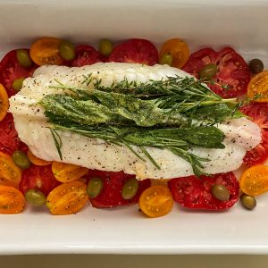 morska žaba s paradižnikom iz pečice priprava