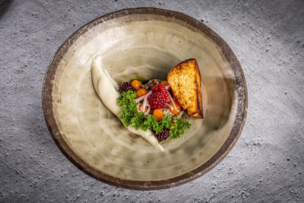 Sunrose 7 TR24J, Telečji tatar z vloženimi robidami, zeleno in rumenjakom, pikantni brioš2 resized