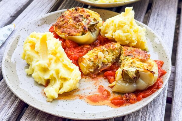 Polnjene paprike, z bučkami in sirom, paradižnikova omaka, krompirjev pire7