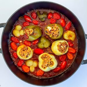 Polnjene paprike z zeleno piro, lisičke in paradižnik28